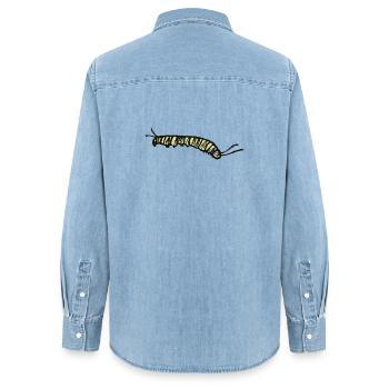 Gestreifte gelbe Raupe - Frauen Jeanshemd Organic von Stanley/Stella - verwaschenes Hellblau - Hinten - AI Model Female 172 light (172cm)