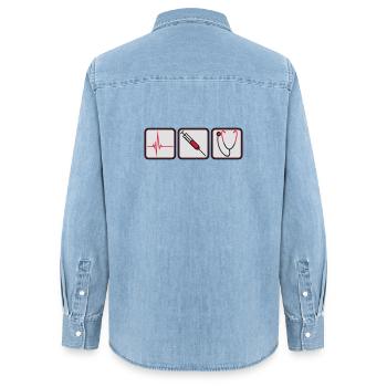 doctor 3 button syringe logo Listening to stethoscope - Women’s Organic Denim Shirt by Stanley/Stella - light wash - Back - AI Model Female 172 light (172cm)