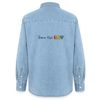 Regenbogen born this gay - Frauen Jeanshemd Organic von Stanley/Stella - verwaschenes Hellblau - Hinten - AI Model Female 172 light (172cm)