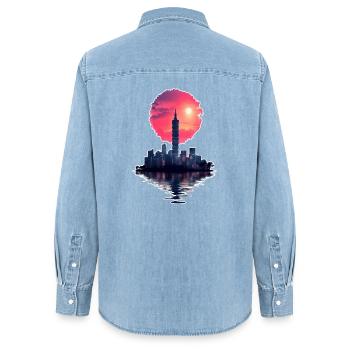 Neon Sunset – Stadt trifft Horizont - Frauen Jeanshemd Organic von Stanley/Stella - verwaschenes Hellblau - Hinten - AI Model Female 172 light (172cm)