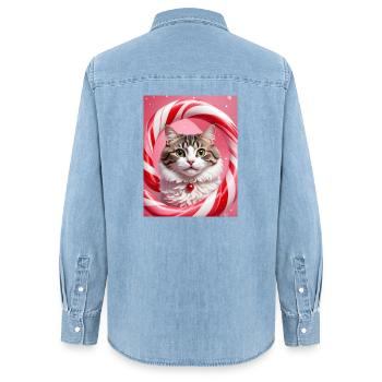 Chat de Noël en conception d’anneau de bonbons - Chemise en denim femme bio Stanley/Stella - bleu clair délavé - Dos - AI Model Female 172 light (172cm)