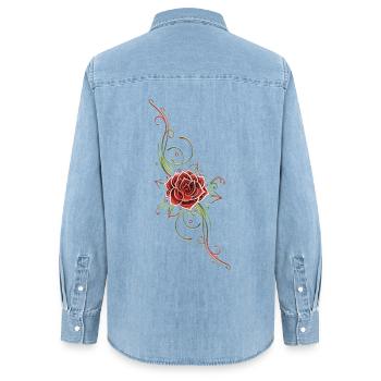 Filigranes Tribal mit Rosenblüte, rose - Chemise en denim femme bio Stanley/Stella - bleu clair délavé - Dos - AI Model Female 172 light (172cm)