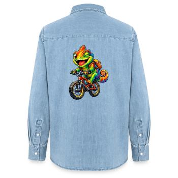 Chameleon on the bike - Women’s Organic Denim Shirt by Stanley/Stella - light wash - Back - AI Model Female 172 light (172cm)