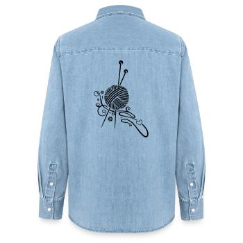 Knitting needles with wool and flowers. - Women’s Organic Denim Shirt by Stanley/Stella - light wash - Back - AI Model Female 172 light (172cm)