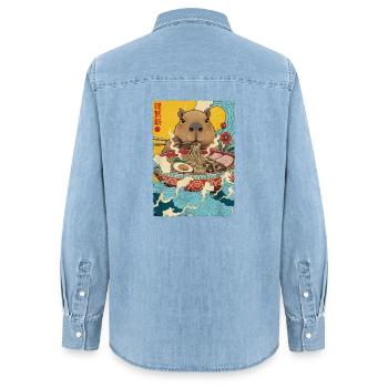 Capybara mange des nouilles ramen - Chemise en denim femme bio Stanley/Stella - bleu clair délavé - Dos - AI Model Female 172 light (172cm)
