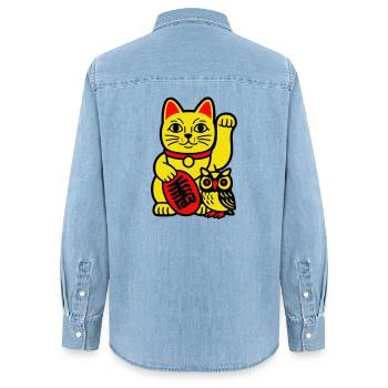 Chat chanceux avec petit hibou - Chemise en denim femme bio Stanley/Stella - bleu clair délavé - Dos - AI Model Female 172 light (172cm)