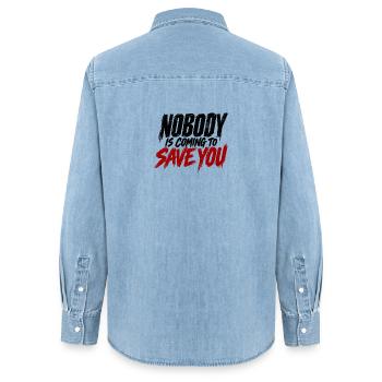 Niemand kommt, um dich zu retten – motivierendes Zitat - Frauen Jeanshemd Organic von Stanley/Stella - verwaschenes Hellblau - Hinten - AI Model Female 172 light (172cm)