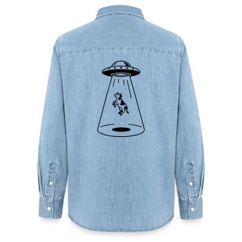 UFO mit Kuh - Frauen Jeanshemd Organic von Stanley/Stella - verwaschenes Hellblau - Hinten - AI Model Female 172 light (172cm)