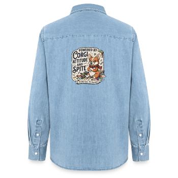 Attitude et Rancune Un Chien Drôle Powered By Corgi - Chemise en denim femme bio Stanley/Stella - bleu clair délavé - Dos - AI Model Female 172 light (172cm)