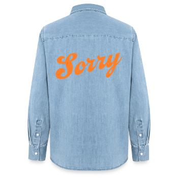Sorry – Minimalist statement - Women’s Organic Denim Shirt by Stanley/Stella - light wash - Back - AI Model Female 172 light (172cm)