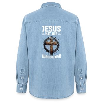 Jesus Never Gave Up Bible Readers Church - Women’s Organic Denim Shirt by Stanley/Stella - light wash - Back - AI Model Female 172 light (172cm)