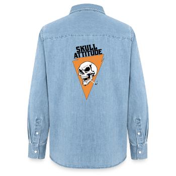 Rebell Totenschädel mit Dreieck Zigarette - Frauen Jeanshemd Organic von Stanley/Stella - verwaschenes Hellblau - Hinten - AI Model Female 172 light (172cm)