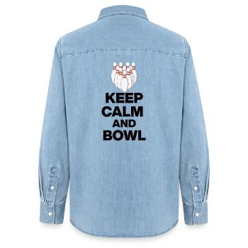 KEEP CALM AND BOWL, STRIKE MEISTER! PIN SNIPER - Frauen Jeanshemd Organic von Stanley/Stella - verwaschenes Hellblau - Hinten - AI Model Female 172 light (172cm)