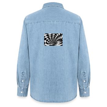 Spirale Noir et Blanc Hypnotique - Chemise en denim femme bio Stanley/Stella - bleu clair délavé - Dos - AI Model Female 172 light (172cm)
