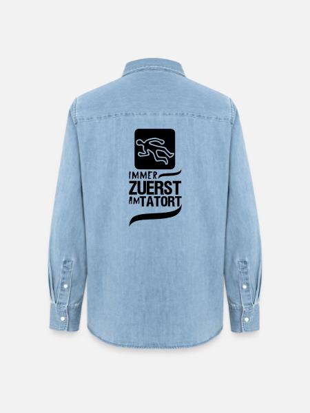 Zuerst am Tatort Polizei Kripo Geschenk Spruch - Frauen Jeanshemd Organic von Stanley/Stella - verwaschenes Hellblau