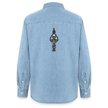Collection Avi – Crânes et flammes - Chemise en denim femme bio Stanley/Stella - bleu clair délavé - Dos - AI Model Female 172 light (172cm)