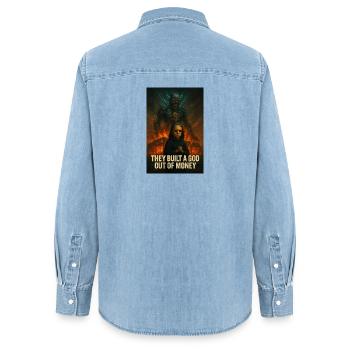 Gott aus Geld – Macht und Gier - Frauen Jeanshemd Organic von Stanley/Stella - verwaschenes Hellblau - Hinten - AI Model Female 172 light (172cm)