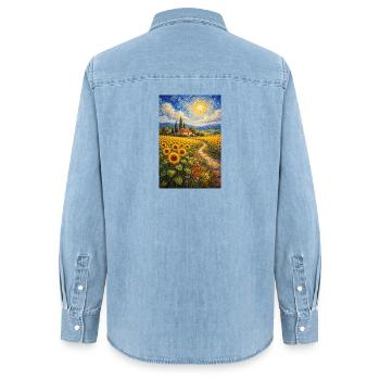 Sentier du tournesol dans le champ aurifère - Chemise en denim femme bio Stanley/Stella - bleu clair délavé - Dos - AI Model Female 172 light (172cm)