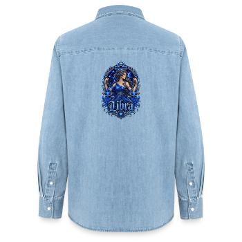 Déesse de la Nuit Balance Bleue - Chemise en denim femme bio Stanley/Stella - bleu clair délavé - Dos - AI Model Female 172 light (172cm)
