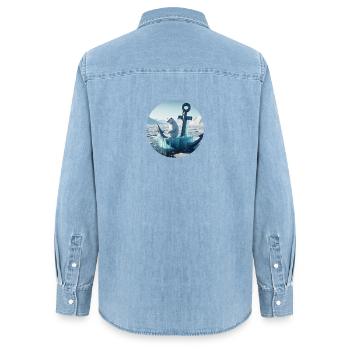 Polar Bear on Anchor in Snow Landscape - Women’s Organic Denim Shirt by Stanley/Stella - light wash - Back - AI Model Female 172 light (172cm)