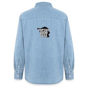 Lustiges Saarland Shirt: Hauptsach gudd gess - Frauen Jeanshemd Organic von Stanley/Stella - verwaschenes Hellblau - Hinten - AI Model Female 172 light (172cm)