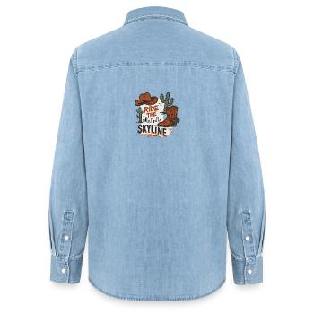 Ride the Skyline Western City Motif - Women’s Organic Denim Shirt by Stanley/Stella - light wash - Back - AI Model Female 172 light (172cm)