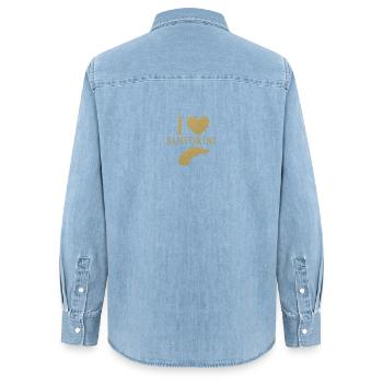 I love Santorini Gold - Women’s Organic Denim Shirt by Stanley/Stella - light wash - Back - AI Model Female 172 light (172cm)