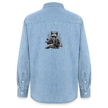Wolf auf Motorrad Lederjacke Grafik - Frauen Jeanshemd Organic von Stanley/Stella - verwaschenes Hellblau - Hinten - AI Model Female 172 light (172cm)