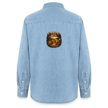Coucher de soleil sur le feu de camp de Carpe Diem - Chemise en denim femme bio Stanley/Stella - bleu clair délavé - Dos - AI Model Female 172 light (172cm)