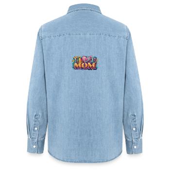 J’aime maman : Lettrage rétro coloré - Chemise en denim femme bio Stanley/Stella - bleu clair délavé - Dos - AI Model Female 172 light (172cm)
