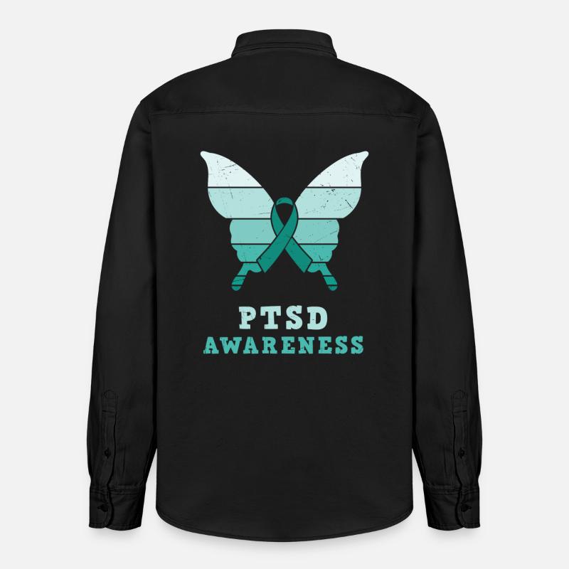 Papillon Ptsd Sensibilisation Ruban sarcelle - Chemise unisexe coupe décontractée bio Stanley/Stella - noir délavé