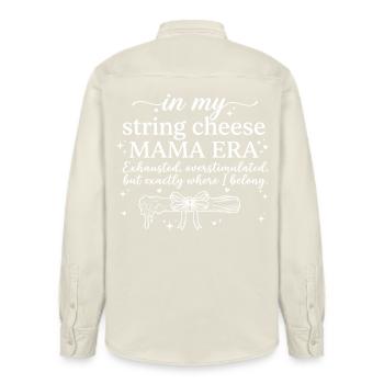 String Cheese Mama Exhausted But Happy Shirt - Relaxed Fit Unisex Organic Shirt by Stanley/Stella - soft Ecru - Back - AI Model Male 178 light (178cm)
