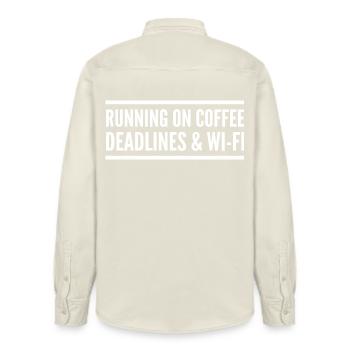 Powered by coffee, delays, and Wi-Fi - Relaxed Fit Unisex Organic Shirt by Stanley/Stella - soft Ecru - Back - AI Model Male 178 light (178cm)