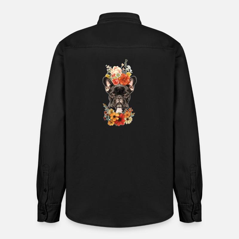Bouledogue français avec des fleurs - Chemise unisexe coupe décontractée bio Stanley/Stella - noir délavé