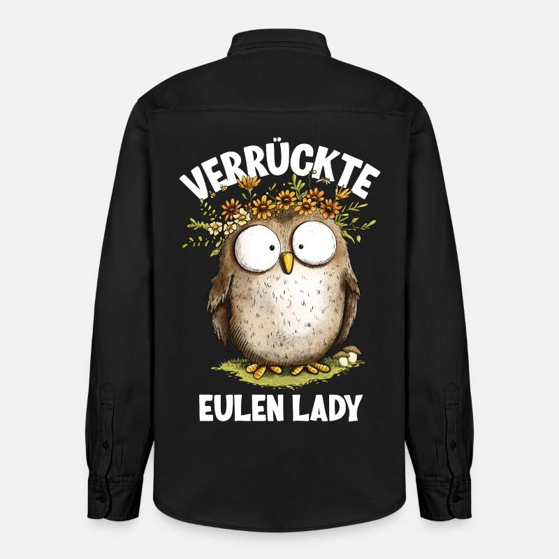 Eule mit Spruch Verrückte Eulen Lady - Relaxed Fit Unisex Organic Hemd von Stanley/Stella - washed Black