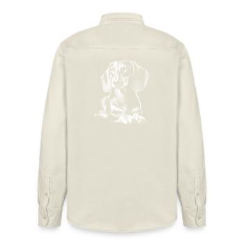Cute Dachshund in Lying Pose in Drawing Style - Relaxed Fit Unisex Organic Shirt by Stanley/Stella - soft Ecru - Back - AI Model Male 178 light (178cm)