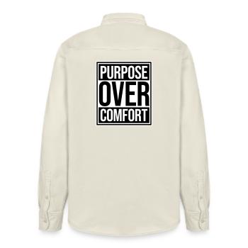 Purpose Over Comfort Motivation Mindset Growth - Relaxed Fit Unisex Organic Shirt by Stanley/Stella - soft Ecru - Back - AI Model Male 178 light (178cm)