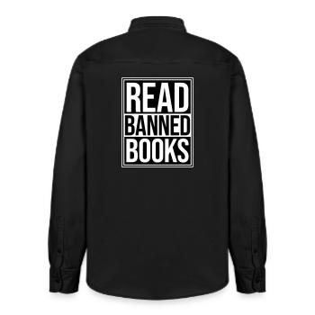 Lire des livres interdits Verbotene Bücher Lesen Freiheit - Chemise unisexe coupe décontractée bio Stanley/Stella - noir délavé - Dos - AI Model Male 178 light (178cm)