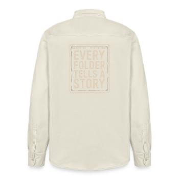 Every Folder Tells A Story Archival Print - Relaxed Fit Unisex Organic Shirt by Stanley/Stella - soft Ecru - Back - AI Model Male 178 light (178cm)