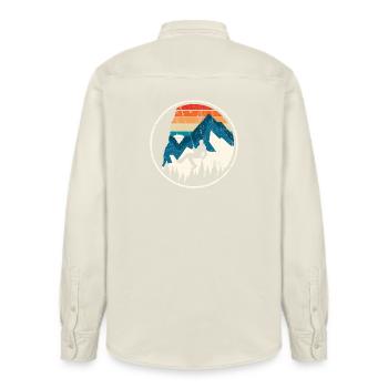 Alpine Ascent in Sunset Stripes - Relaxed Fit Unisex Organic Shirt by Stanley/Stella - soft Ecru - Back - AI Model Male 178 light (178cm)