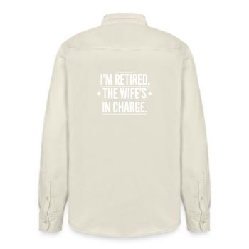 Retired Wife In Charge - Relaxed Fit Unisex Organic Shirt by Stanley/Stella - soft Ecru - Back - AI Model Male 178 light (178cm)