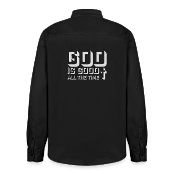 God Is Good All The Time Glaube Christlich Spruch - Relaxed Fit Unisex Organic Hemd von Stanley/Stella - washed Black - Hinten - AI Model Male 178 light (178cm)