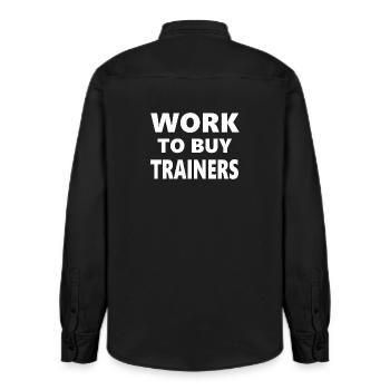 Drinking Classes: Work to Buy Trainers - Relaxed Fit Unisex Organic Shirt by Stanley/Stella - washed black - Back - AI Model Male 178 light (178cm)
