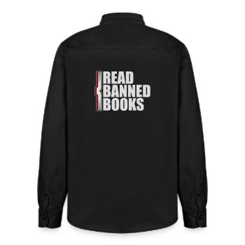 Lire des livres interdits Verbotene Bücher Lesen Freiheit - Chemise unisexe coupe décontractée bio Stanley/Stella - noir délavé - Dos - AI Model Male 178 light (178cm)