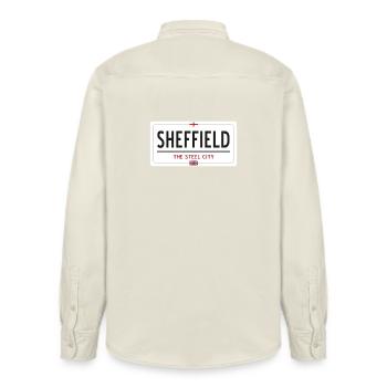 Sheffield town sign - Relaxed Fit Unisex Organic Shirt by Stanley/Stella - soft Ecru - Back - AI Model Male 178 light (178cm)
