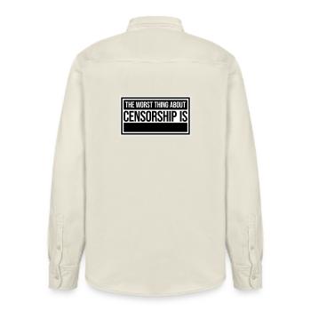The Worst Thing About Censorship Is Funny Irony - Relaxed Fit Unisex Organic Shirt by Stanley/Stella - soft Ecru - Back - AI Model Male 178 light (178cm)