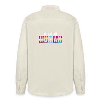 LGBT Pride Month - We Are All Human - Relaxed Fit Unisex Organic Shirt by Stanley/Stella - soft Ecru - Back - AI Model Male 178 light (178cm)