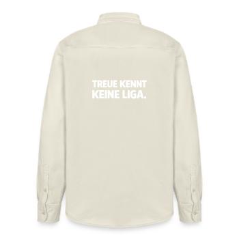 Loyalty Knows No League – Football Statement Shirt - Relaxed Fit Unisex Organic Shirt by Stanley/Stella - soft Ecru - Back - AI Model Male 178 light (178cm)