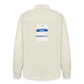 Pedal Now, Adult Later - Relaxed Fit Unisex Organic Shirt by Stanley/Stella - soft Ecru - Back - AI Model Male 178 light (178cm)