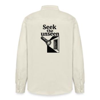Urbex - Urban Exploration - Urban Explorer - Relaxed Fit Unisex Organic Shirt by Stanley/Stella - soft Ecru - Back - AI Model Male 178 light (178cm)